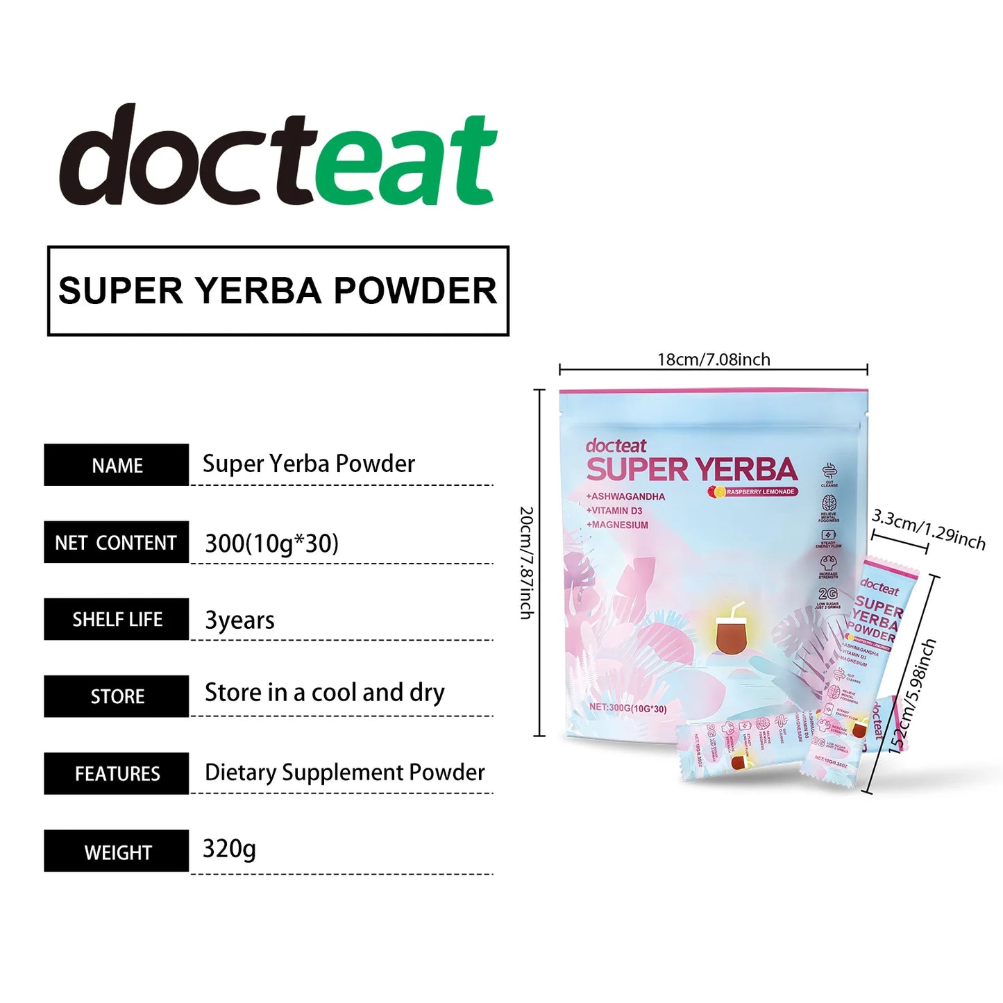 Docteat 300g Yerba Mate Powder Support Energy Relieve Stress Refreshing Flavor Vitamin Supplement Instant Yerba Mate Powder